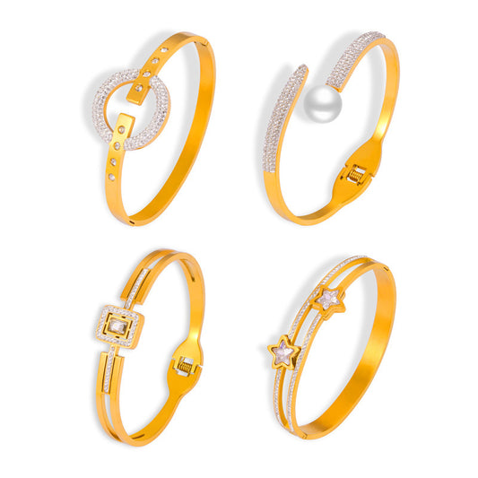 Star Ring Imitation Pearl Square Stainless Steel Bracelet