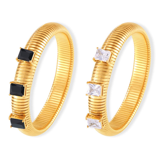 Stainless Steel Glass Stone Textured Bangle Bracelet