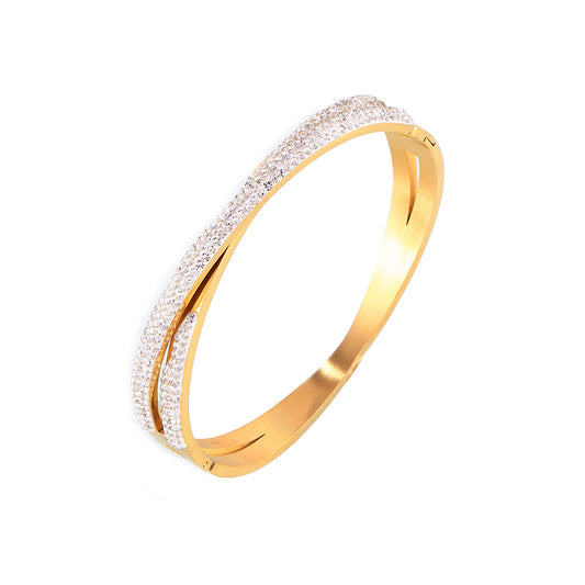 Stainless Steel Cross Shaped Inlay Czech Diamond Bangle Bracelet
