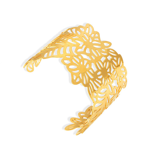 Stainless Steel Flower Leaf Stitching Cuff Chunky Bracelet