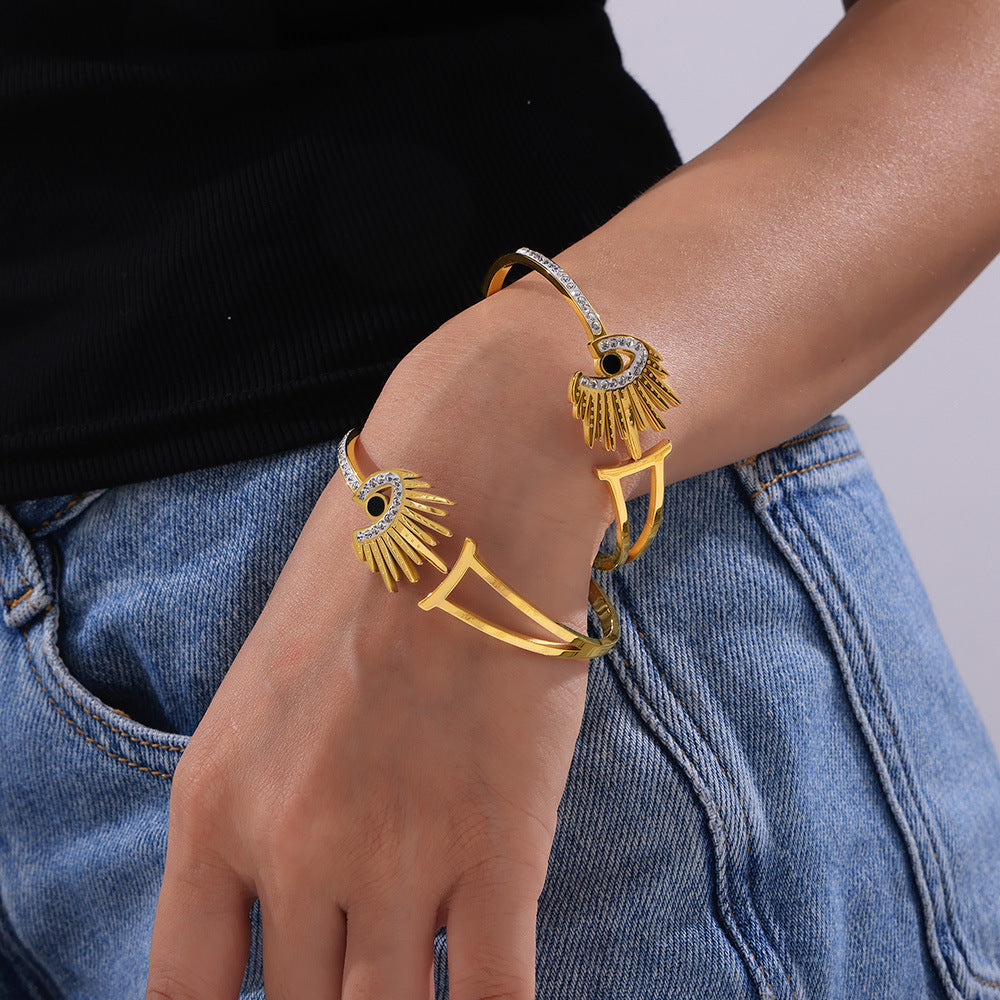 Stainless Steel Unique Eye Shape Inlay Rhinestone Cuff Bracelet