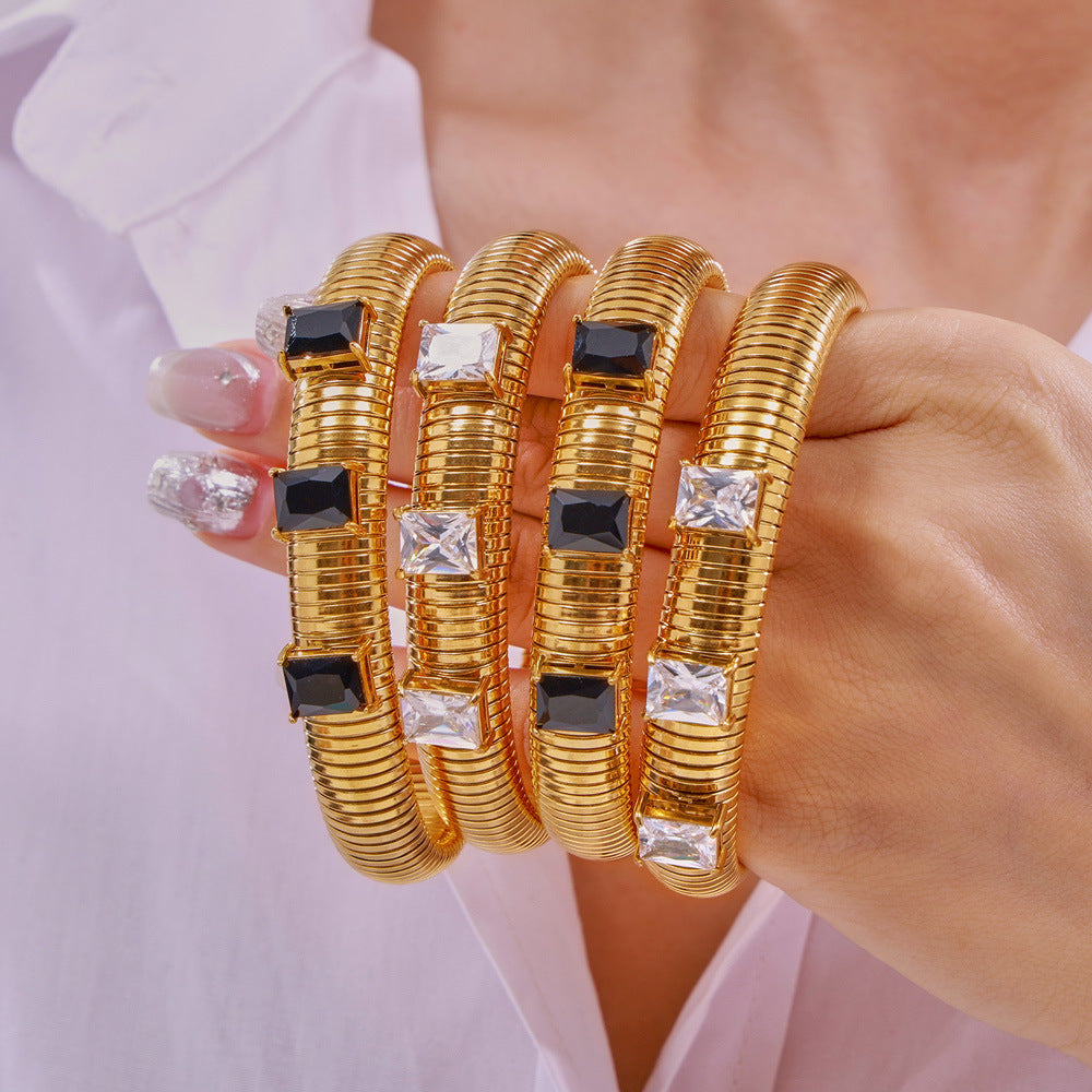 Stainless Steel Glass Stone Textured Bangle Bracelet