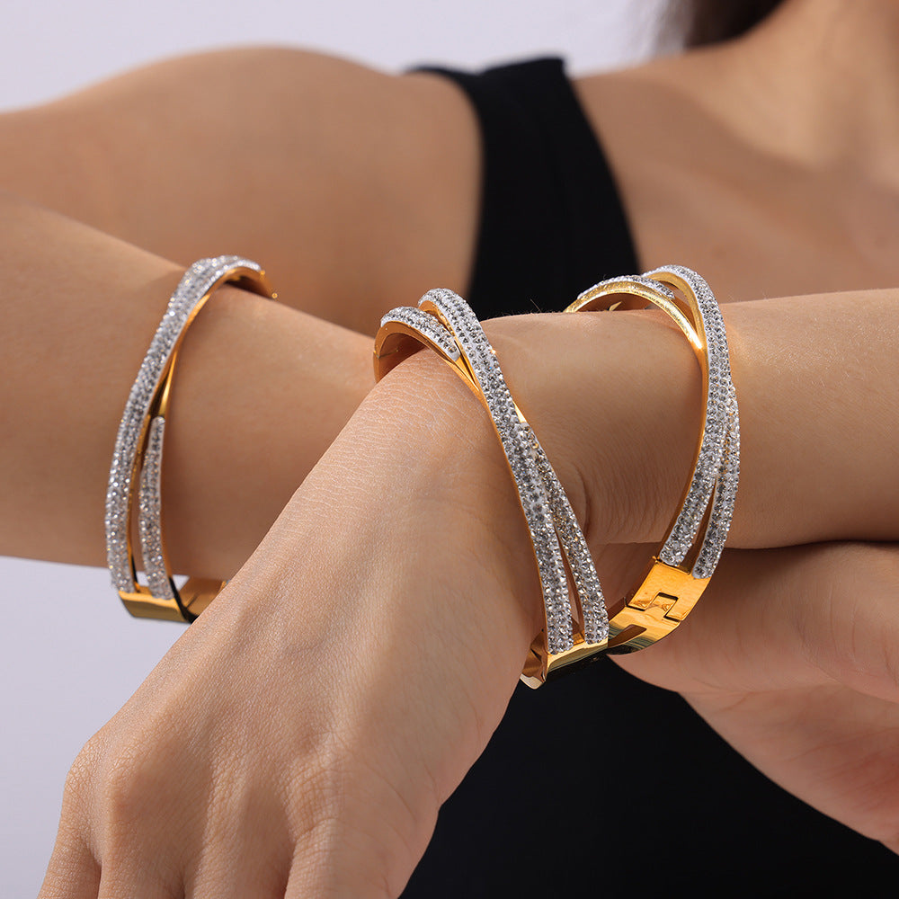 Stainless Steel Cross Shaped Inlay Czech Diamond Bangle Bracelet