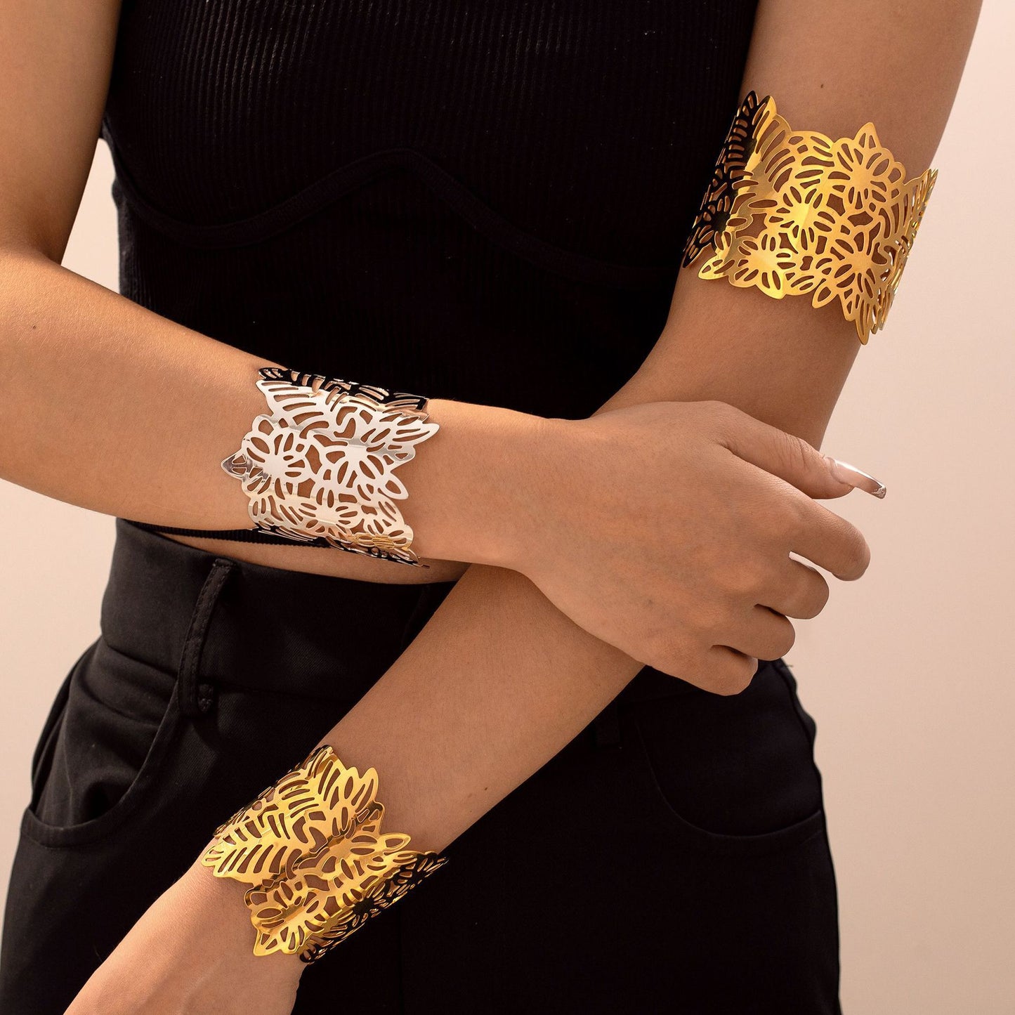 Stainless Steel Flower Leaf Stitching Cuff Chunky Bracelet