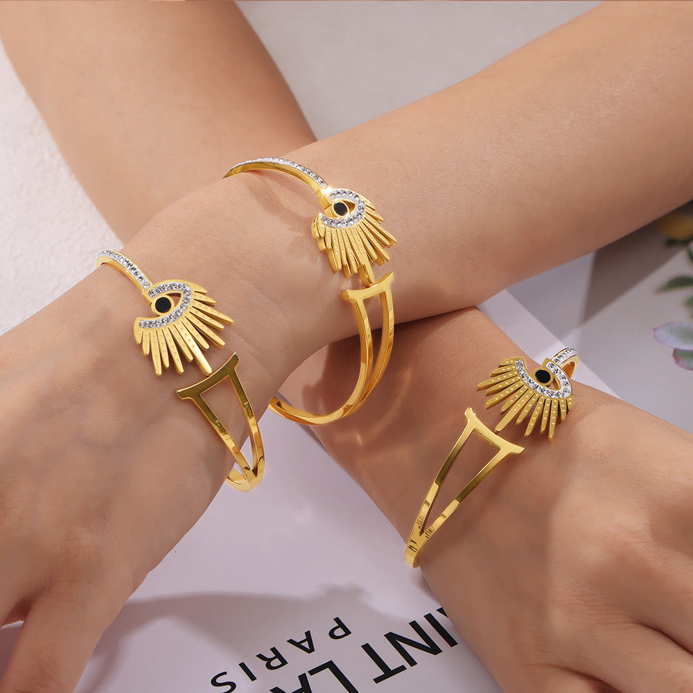 Stainless Steel Unique Eye Shape Inlay Rhinestone Cuff Bracelet
