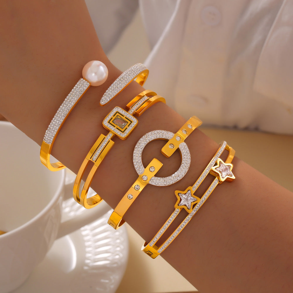 Star Ring Imitation Pearl Square Stainless Steel Bracelet