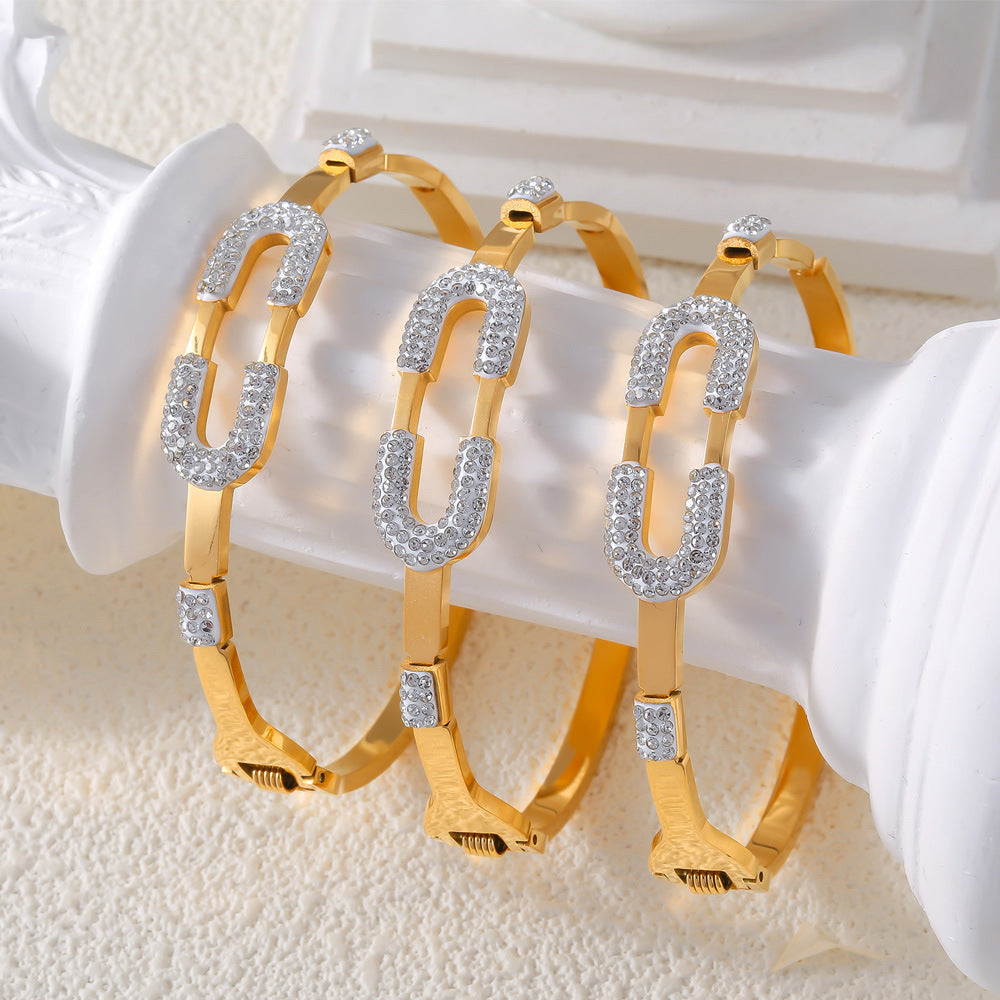 Stainless Steel U-Shaped Czech Diamond Bangle Bracelet