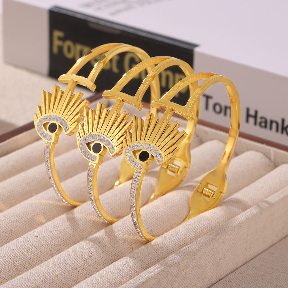 Stainless Steel Unique Eye Shape Inlay Rhinestone Cuff Bracelet