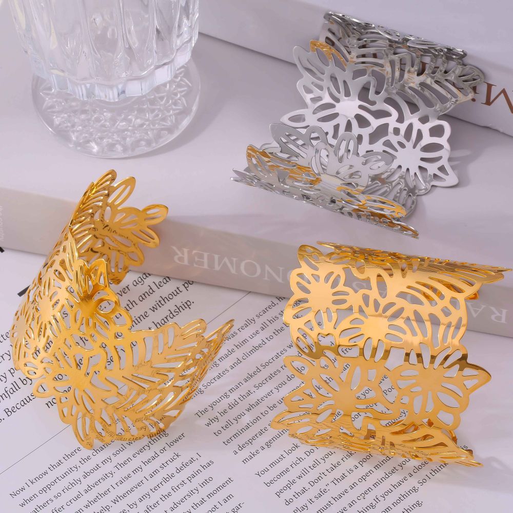 Stainless Steel Flower Leaf Stitching Cuff Chunky Bracelet