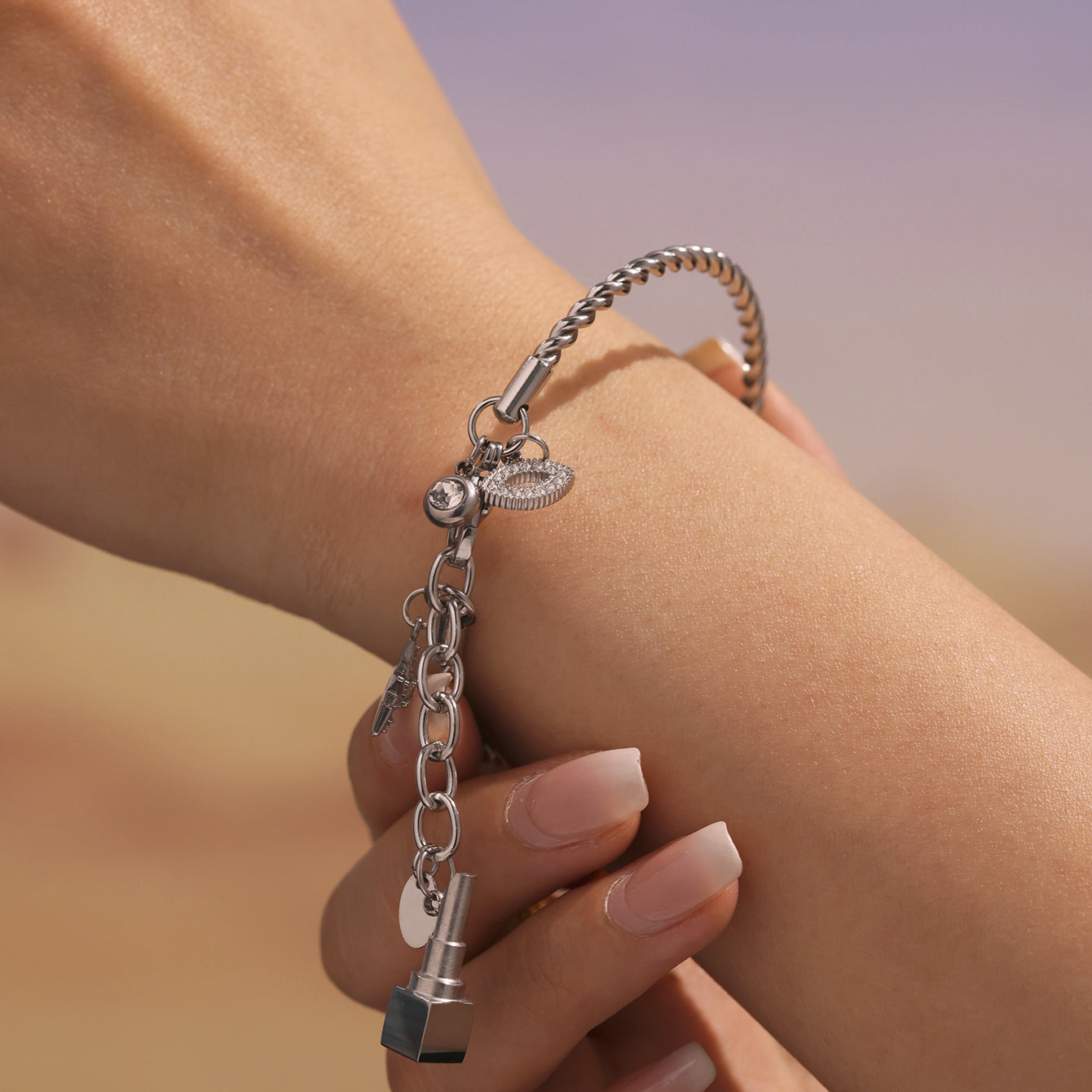 Stainless Steel Lipstick Charm Braided Twist Texture Bracelet