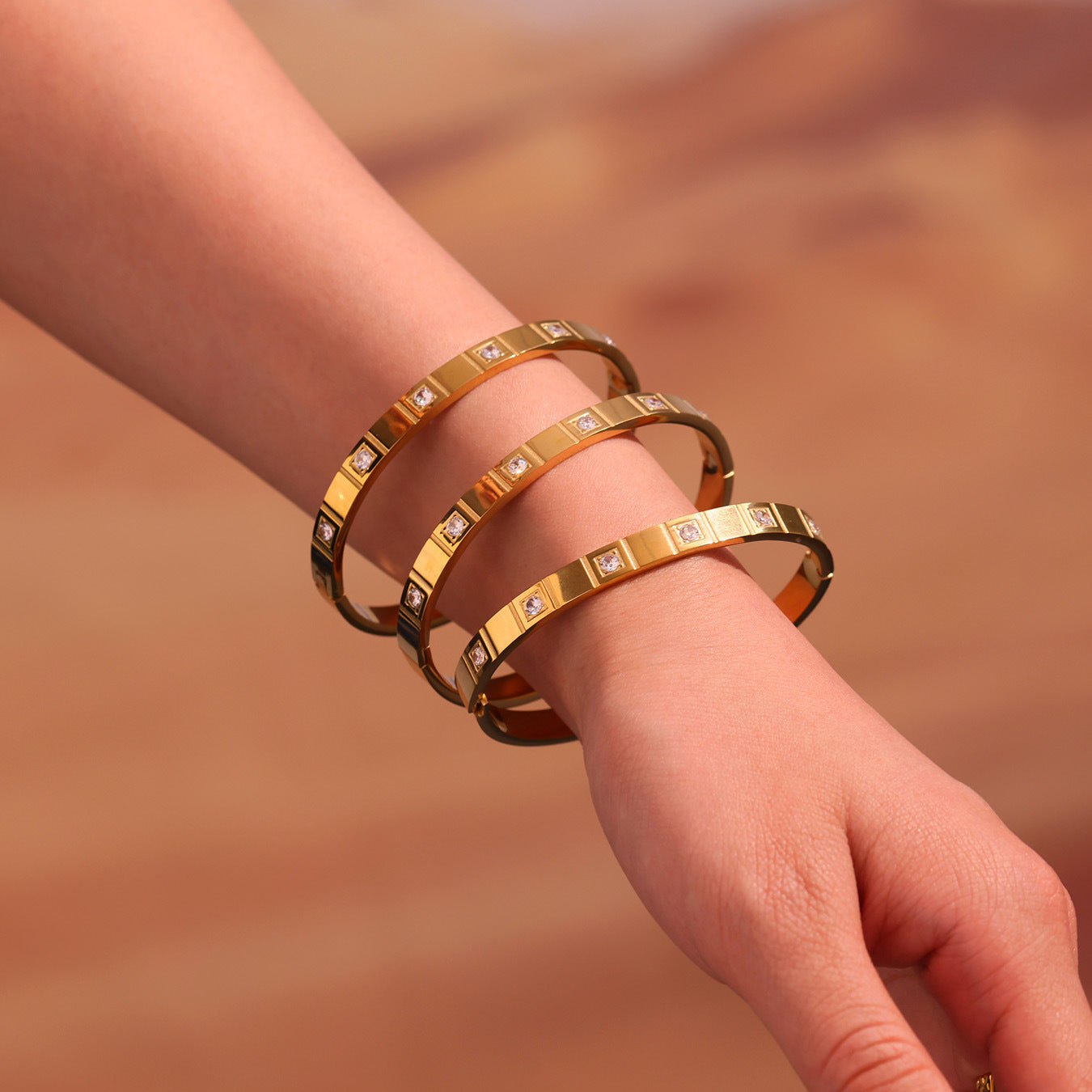 Stainless Steel Square Cubic Zirconia Vertical Line Texture Bracelet