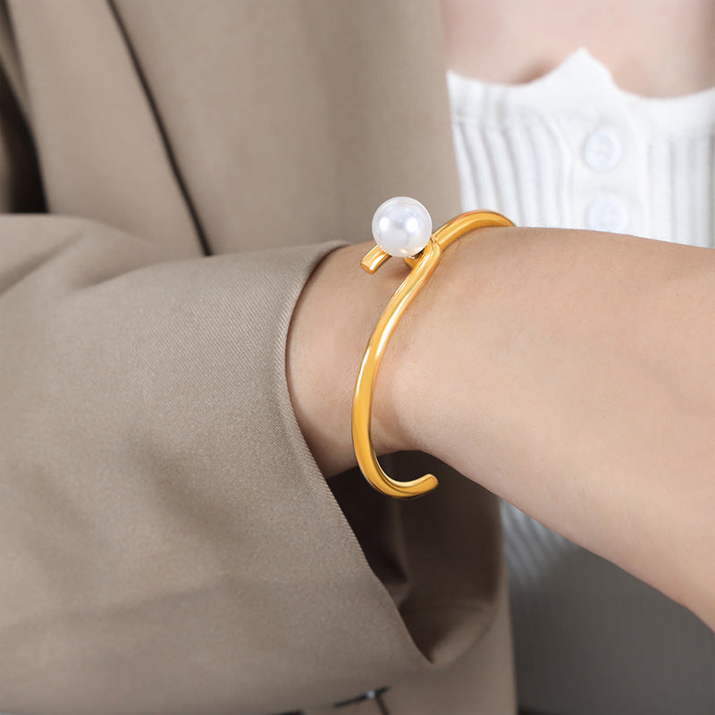 Imitation Pearl Simple Stainless Steel Cuff Bracelet