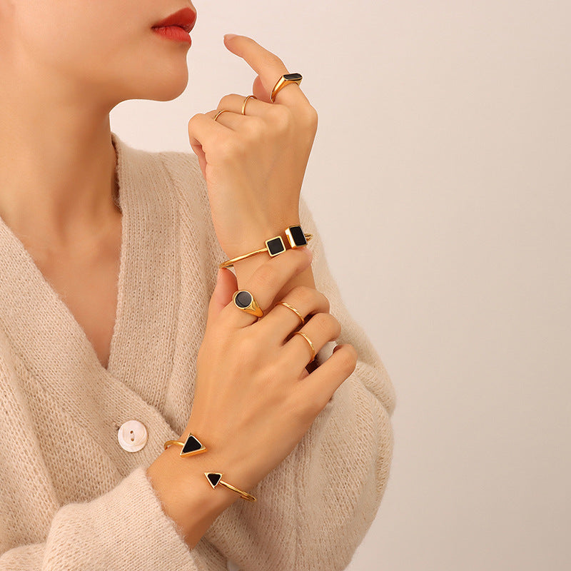 Stainless Steel Triangle Cube Inlay Mother of Pearl Cuff Bracelet