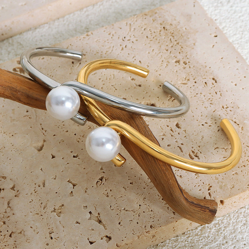 Imitation Pearl Simple Stainless Steel Cuff Bracelet