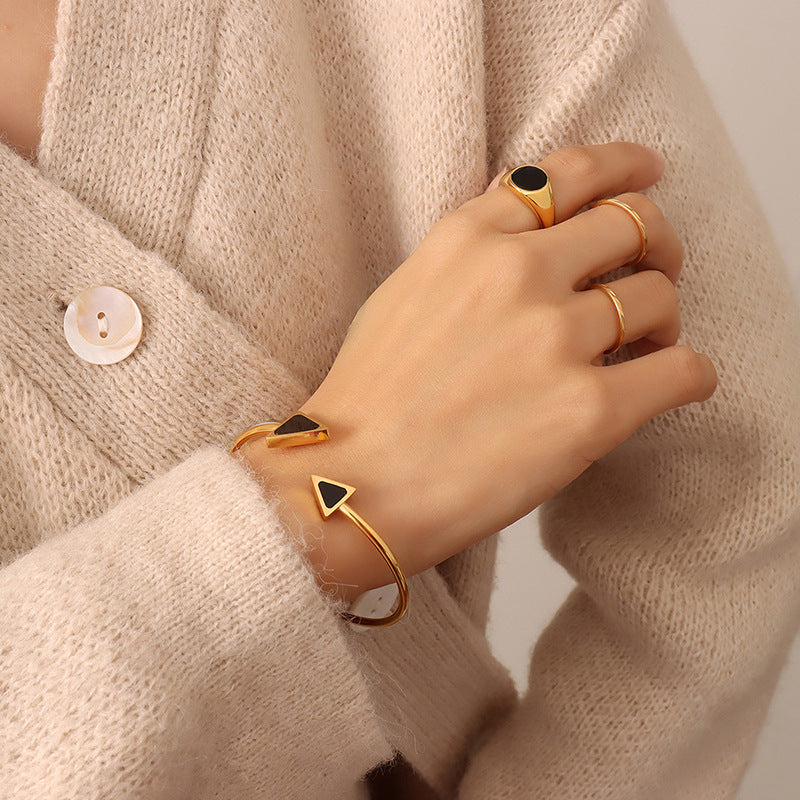 Stainless Steel Triangle Cube Inlay Mother of Pearl Cuff Bracelet