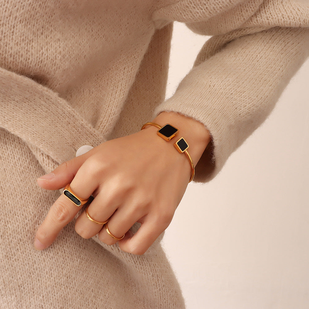 Stainless Steel Triangle Cube Inlay Mother of Pearl Cuff Bracelet
