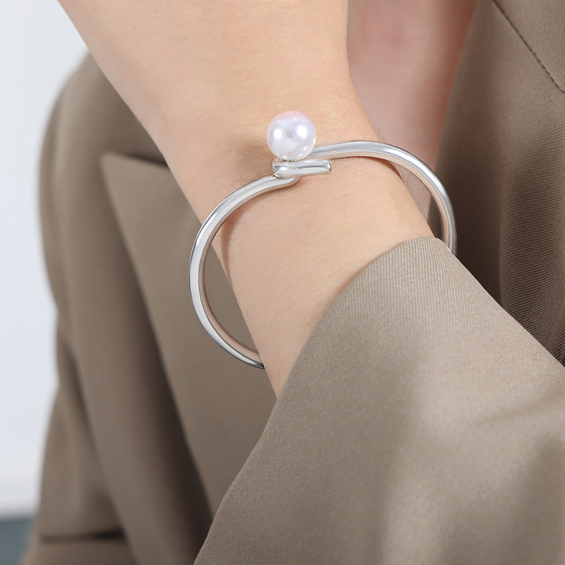 Imitation Pearl Simple Stainless Steel Cuff Bracelet