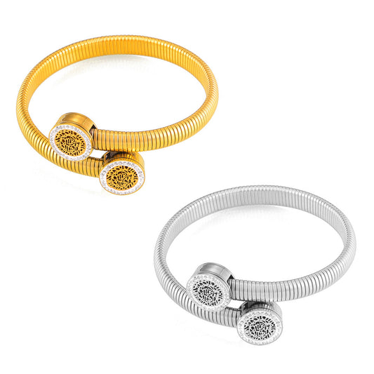 Stainless Steel Hollow Round Inlay Czech Diamonds Cuff Bracelet