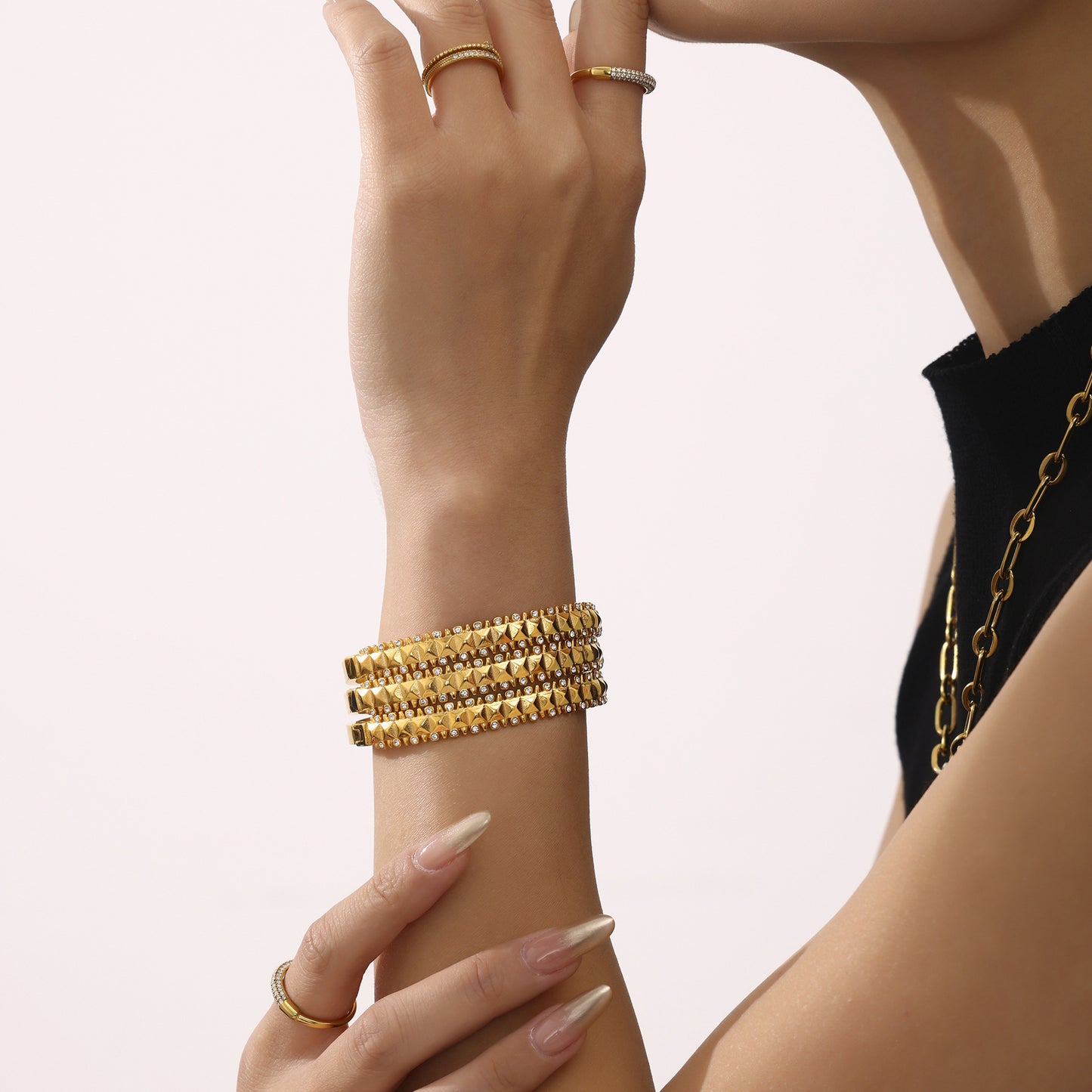 Stainless Steel Rivet Cubic Zirconia Bracelet