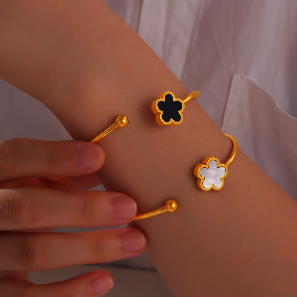 Personalized Flower Inlay White Shell Acrylic Cuff Bracelet