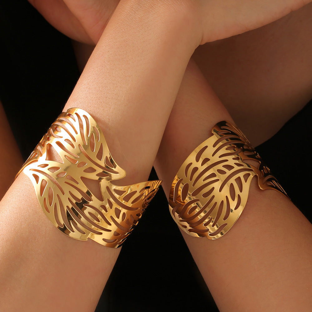 Stainless Steel Hollow Leaf Texture Cuff Bracelet
