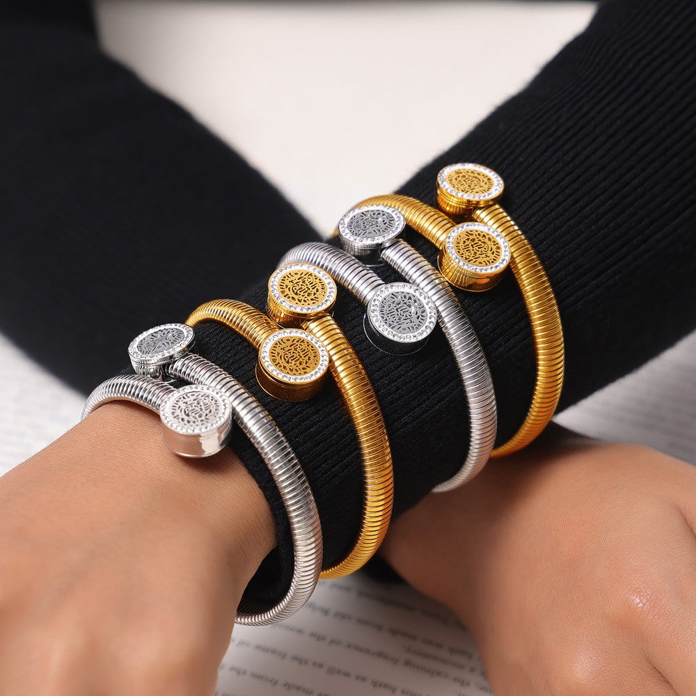 Stainless Steel Hollow Round Inlay Czech Diamonds Cuff Bracelet
