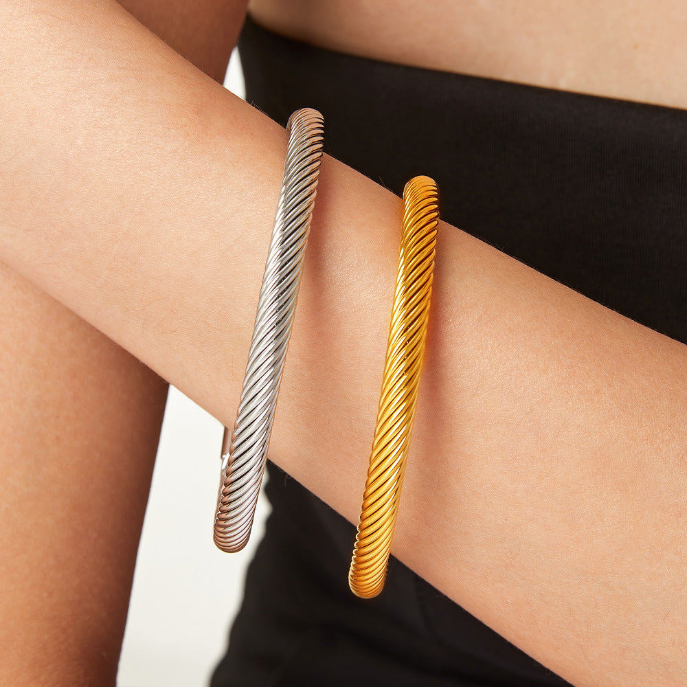 Stainless Steel Geometric Multi-layered Line Twist Texture Cuff Bracelet