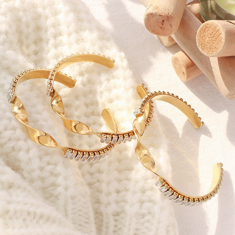 Stainless Steel Twisted Cubic Zirconia Bracelet