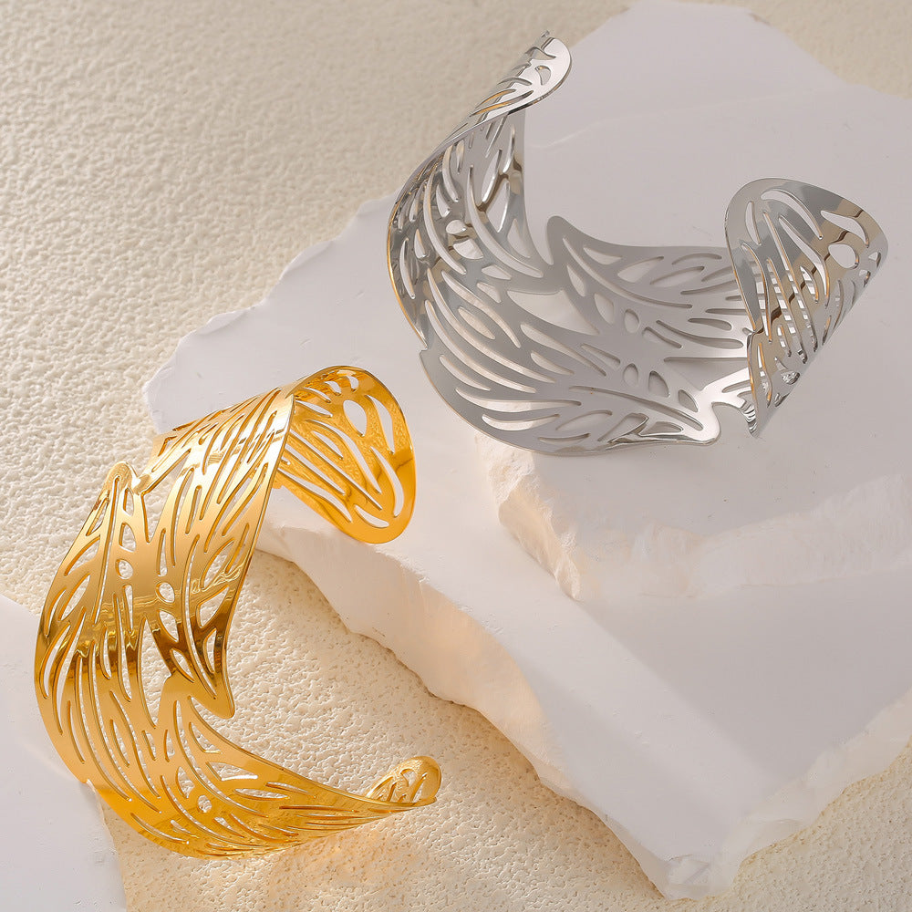 Stainless Steel Hollow Leaf Texture Cuff Bracelet