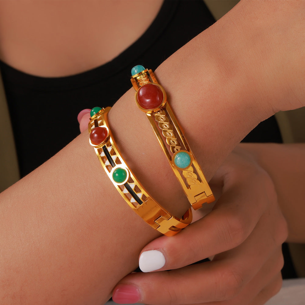 Vintage Hollow Inlay Natural Stone Stainless Steel Bracelet