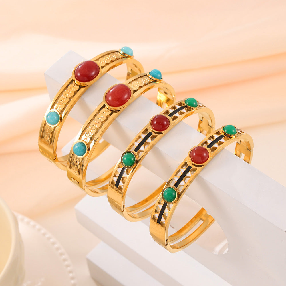 Vintage Hollow Inlay Natural Stone Stainless Steel Bracelet