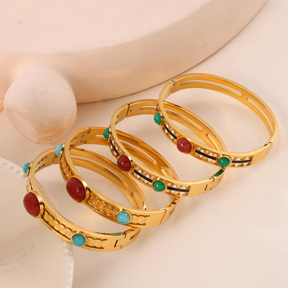 Vintage Hollow Inlay Natural Stone Stainless Steel Bracelet
