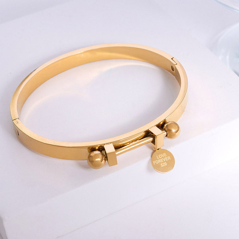 Stainless Steel Geometric Round Plate Engraved Love Design Bracelet