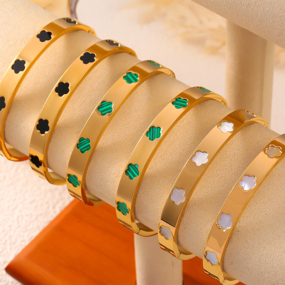 Flower Shape Inlay Mother of Pearl Acrylic Stainless Steel Bracelet