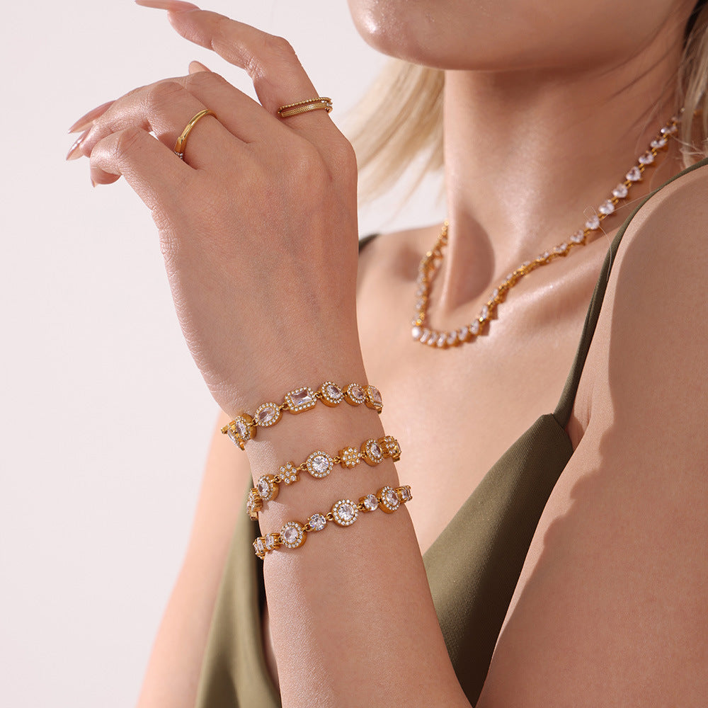 Stainless Steel Six-Leaf Flower Cubic Zirconia Bracelet