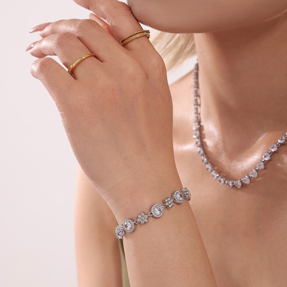Stainless Steel Six-Leaf Flower Cubic Zirconia Bracelet