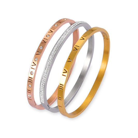 Stainless Steel Roman Numeral Thin Bangle Bracelet