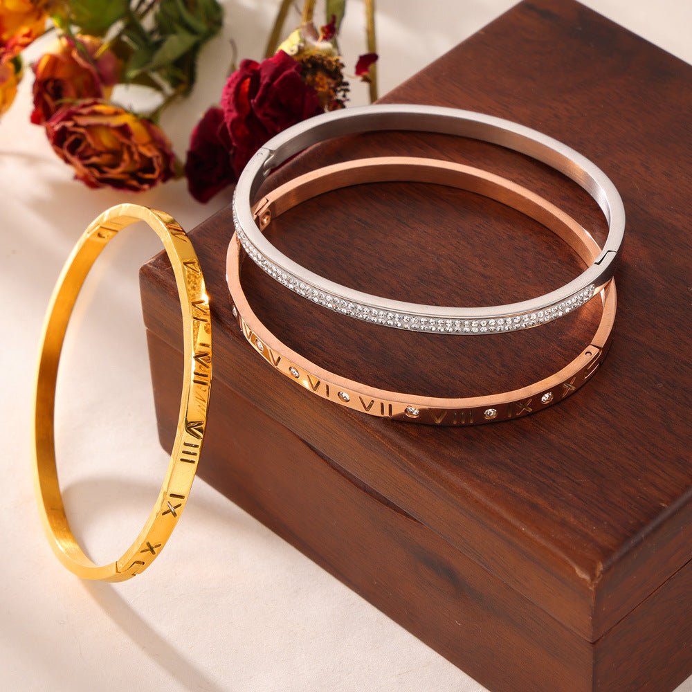 Stainless Steel Roman Numeral Thin Bangle Bracelet