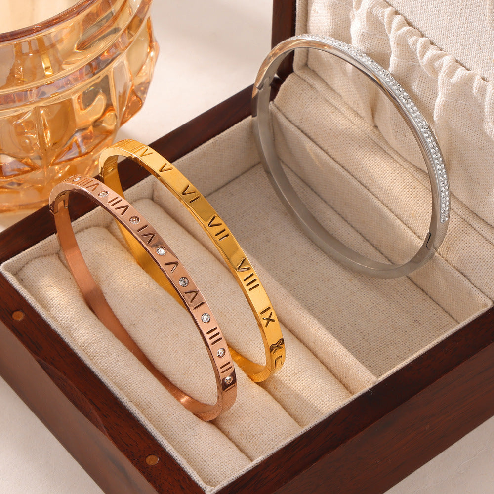 Stainless Steel Roman Numeral Thin Bangle Bracelet