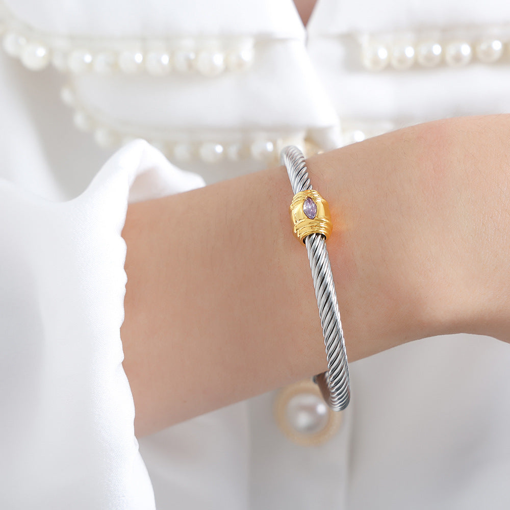 Rainbow Cubic Zirconia Stainless Steel Cuff Bracelet