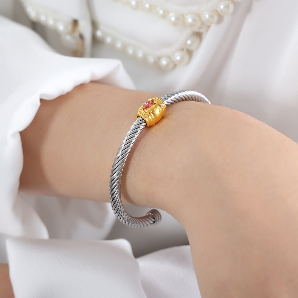 Rainbow Cubic Zirconia Stainless Steel Cuff Bracelet