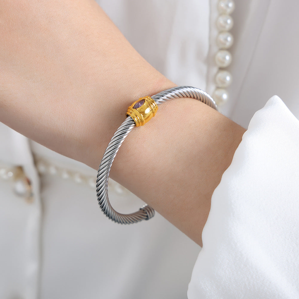 Rainbow Cubic Zirconia Stainless Steel Cuff Bracelet