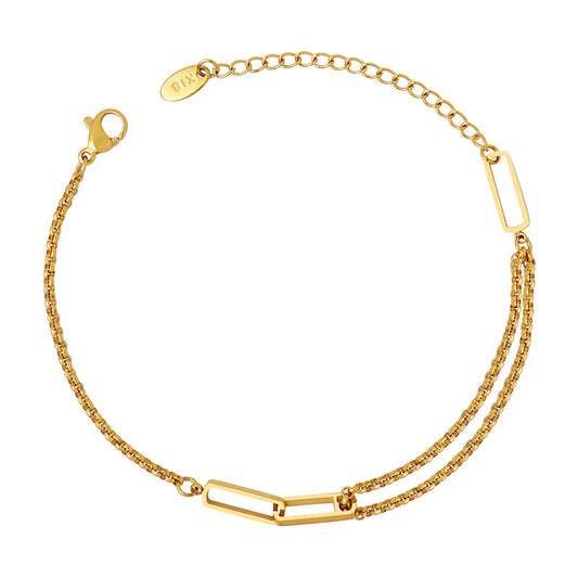 Stainless Steel Geometric Hollow Rectangular Double Chain Bracelet