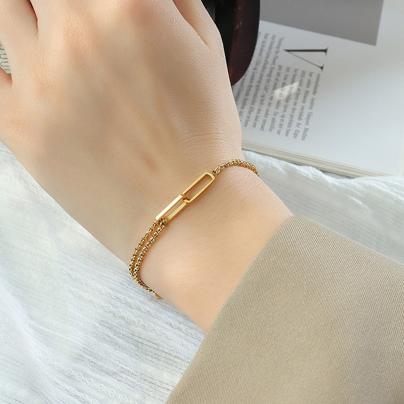 Stainless Steel Geometric Hollow Rectangular Double Chain Bracelet