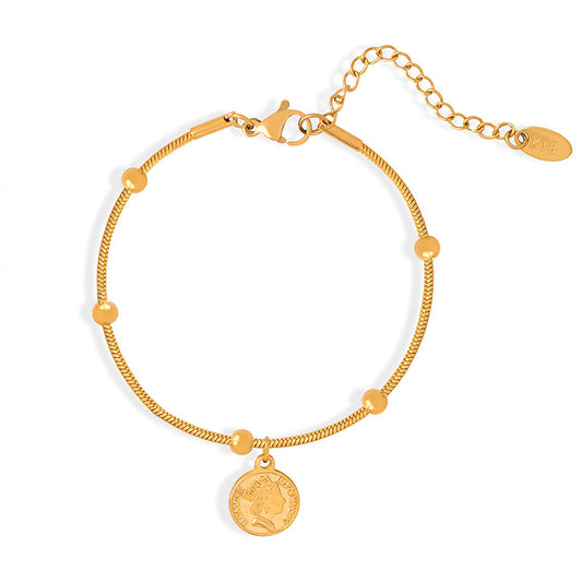 Stainless Steel Portrait Round Pendant Snake Chain Bracelet