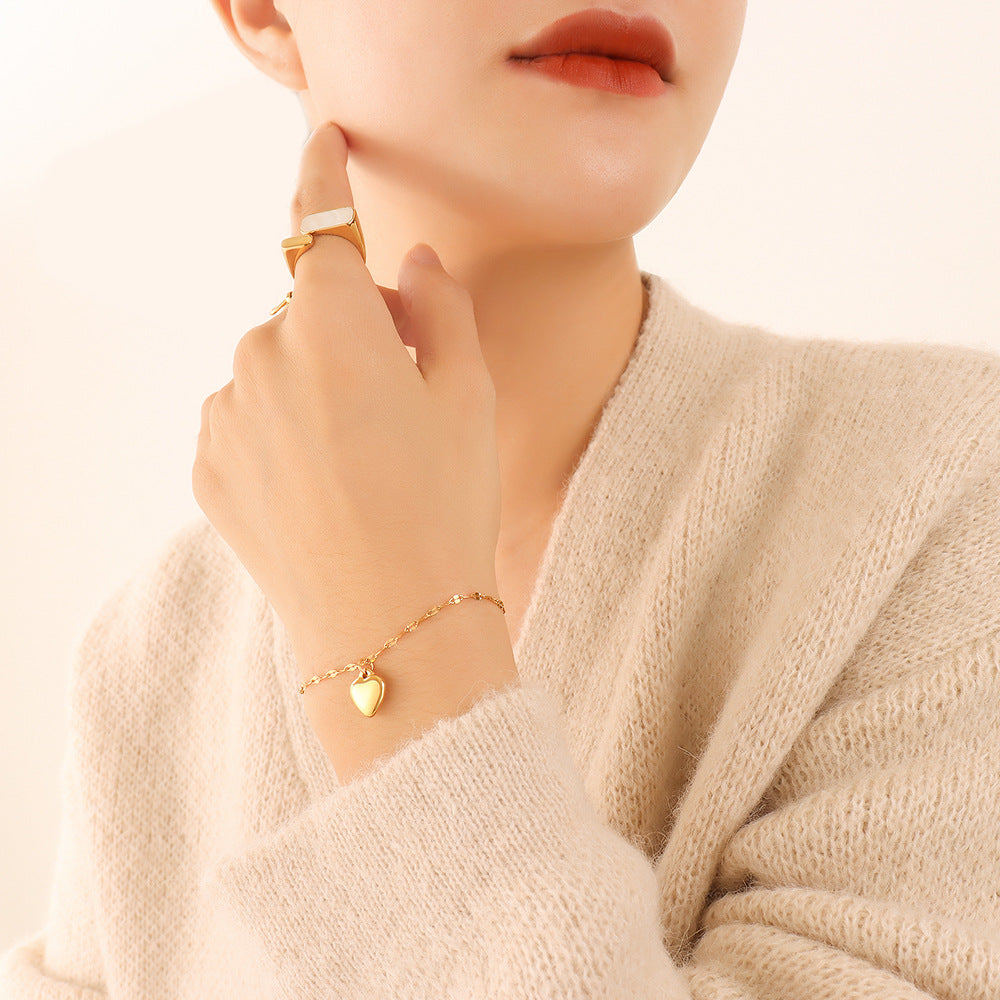Stainless Steel Heart Pendant Lip Chain Bracelet