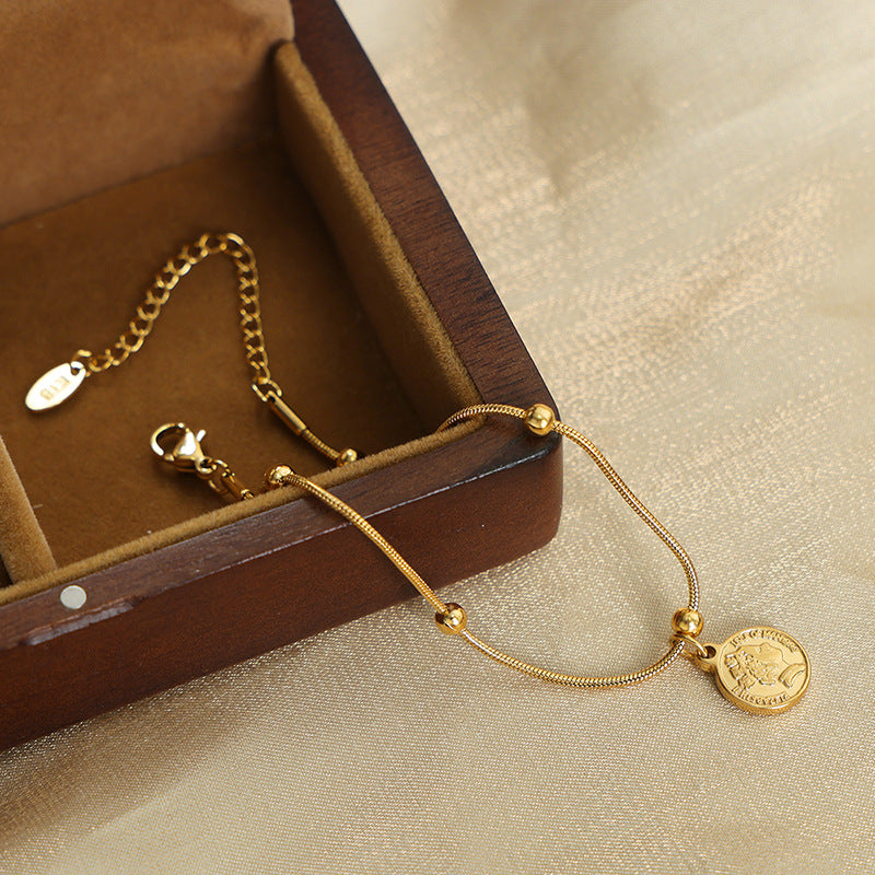 Stainless Steel Portrait Round Pendant Snake Chain Bracelet