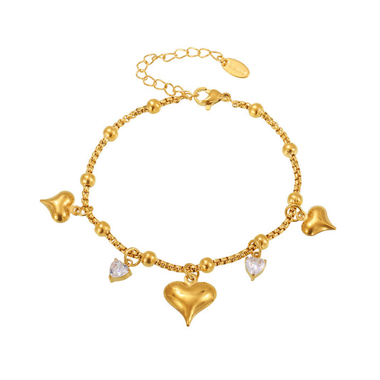 Stainless Steel Heart Cubic Zirconia Charm Bracelet
