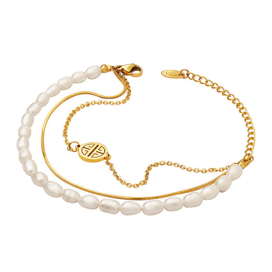 Stainless Steel Three-Layer Freshwater Pearl Bracelet