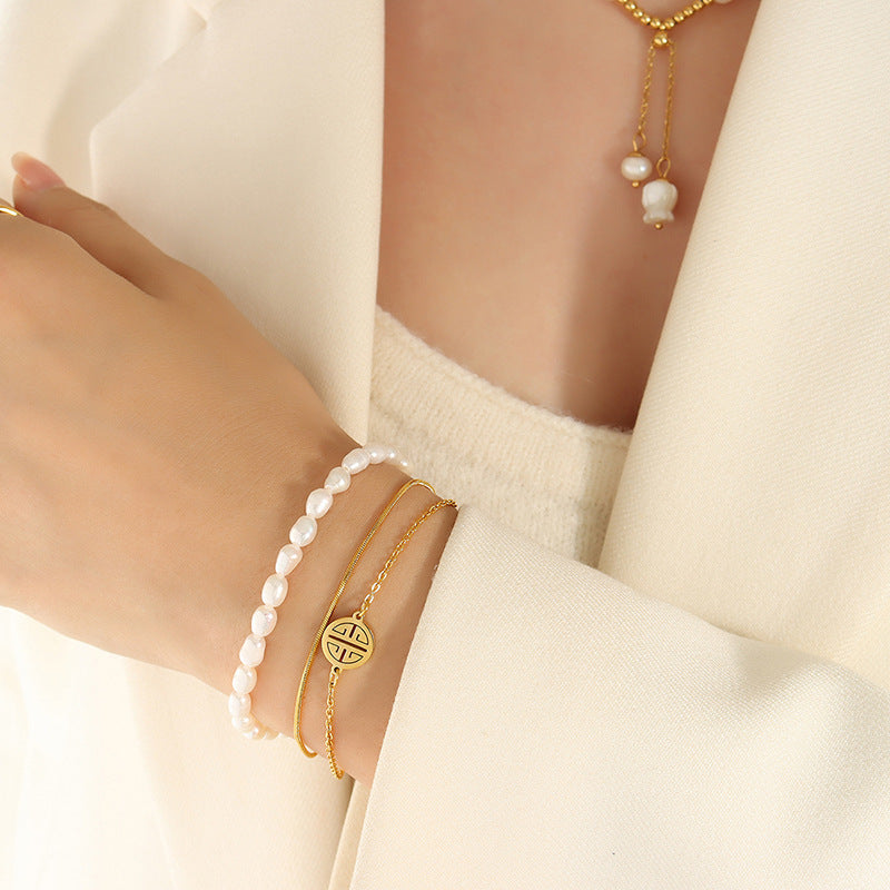 Stainless Steel Three-Layer Freshwater Pearl Bracelet
